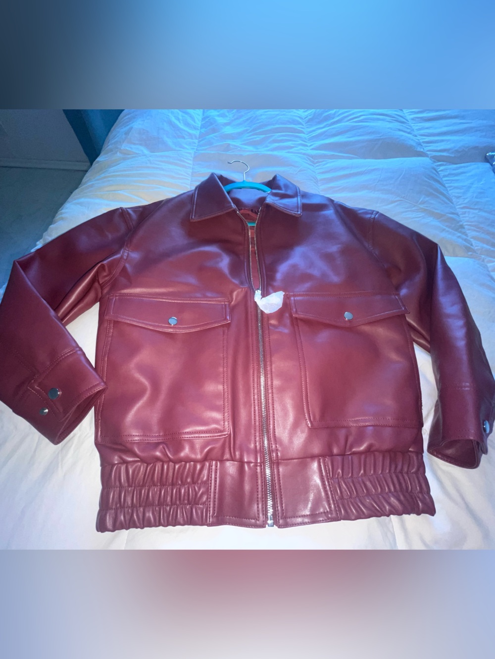 Women's Faux Leather Bomber Jacket in Wine